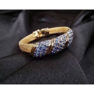 Vintage JBK Gold-Tone Bracelet With Blue Rhinestone Accents & Mesh